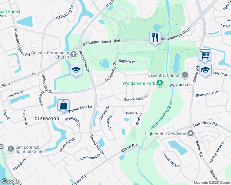 map of restaurants, bars, coffee shops, grocery stores, and more near 4276 Spruce Knob Road in Virginia Beach
