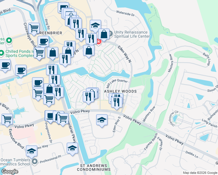map of restaurants, bars, coffee shops, grocery stores, and more near 1232 Mabry Mill Place in Chesapeake