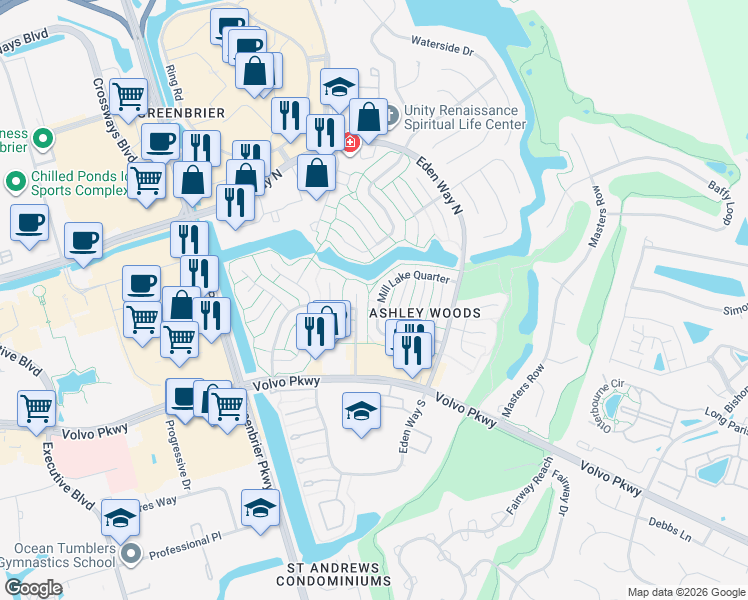 map of restaurants, bars, coffee shops, grocery stores, and more near 1227 Brookside Landing in Chesapeake