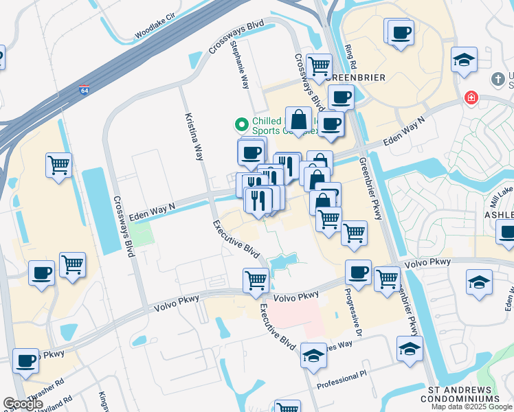 map of restaurants, bars, coffee shops, grocery stores, and more near 725 Eden Way North in Chesapeake