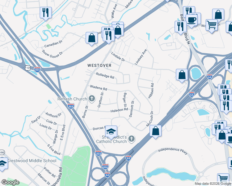 map of restaurants, bars, coffee shops, grocery stores, and more near 908 Wadena Road in Chesapeake