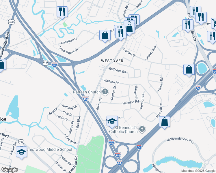 map of restaurants, bars, coffee shops, grocery stores, and more near 803 Wadena Road in Chesapeake