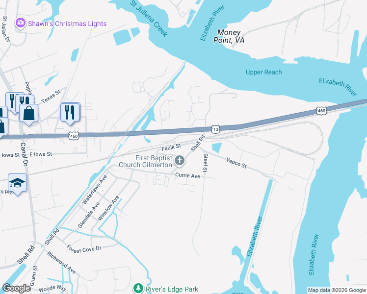 map of restaurants, bars, coffee shops, grocery stores, and more near 1721 Faulk Street in Chesapeake