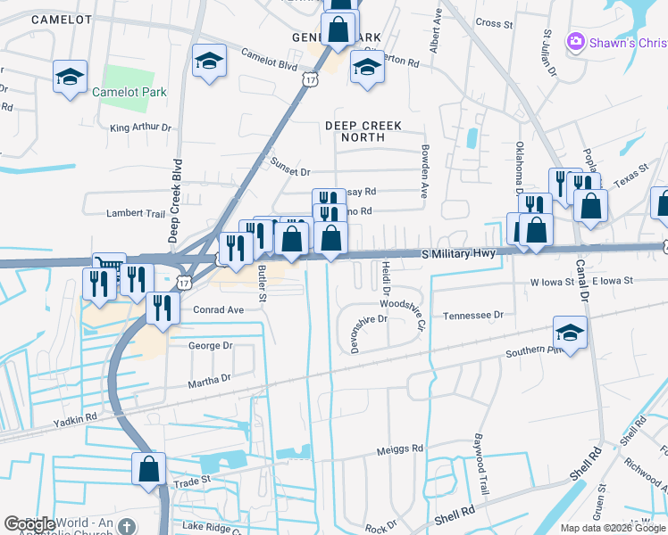 map of restaurants, bars, coffee shops, grocery stores, and more near 3302 S Military Hwy in Chesapeake