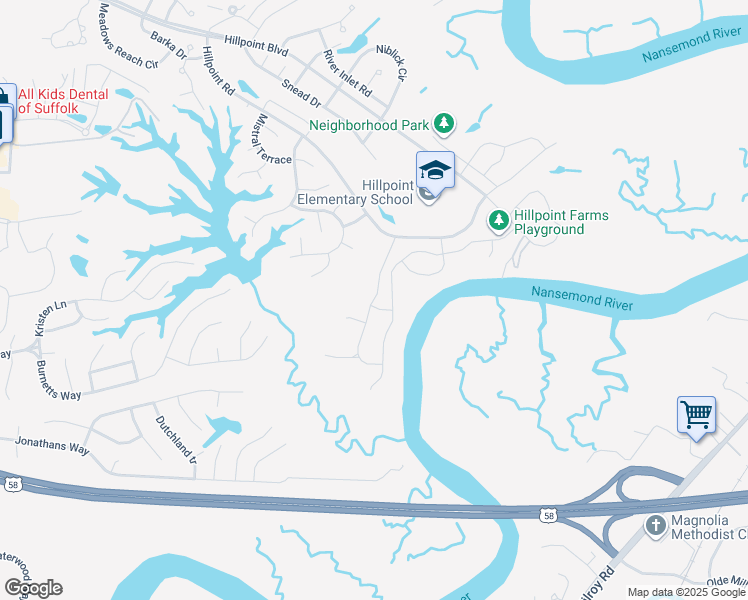 map of restaurants, bars, coffee shops, grocery stores, and more near Cross Landing Drive in Suffolk