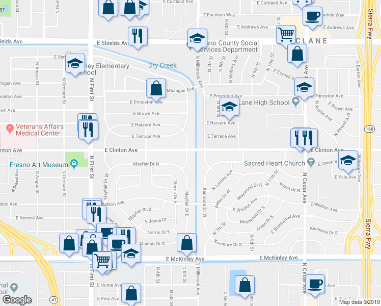 map of restaurants, bars, coffee shops, grocery stores, and more near 3606 East Clinton Avenue in Fresno