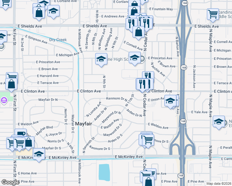 map of restaurants, bars, coffee shops, grocery stores, and more near 3952 East Clinton Avenue in Fresno