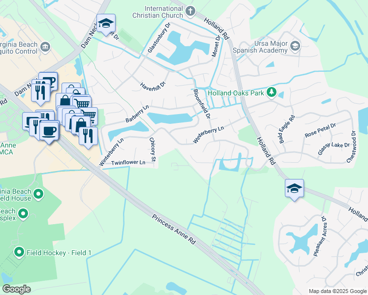 map of restaurants, bars, coffee shops, grocery stores, and more near 2012 Basswood Court in Virginia Beach