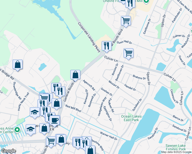 map of restaurants, bars, coffee shops, grocery stores, and more near 2004 Portules Court in Virginia Beach