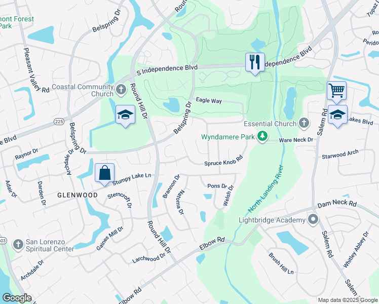 map of restaurants, bars, coffee shops, grocery stores, and more near 4276 Spruce Knob Road in Virginia Beach