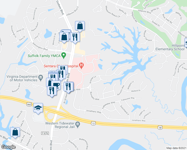 map of restaurants, bars, coffee shops, grocery stores, and more near 118 Kristen Lane in Suffolk