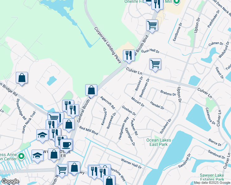 map of restaurants, bars, coffee shops, grocery stores, and more near 2004 Portules Court in Virginia Beach