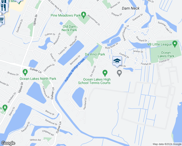 map of restaurants, bars, coffee shops, grocery stores, and more near 1757 Da Vinci Drive in Virginia Beach