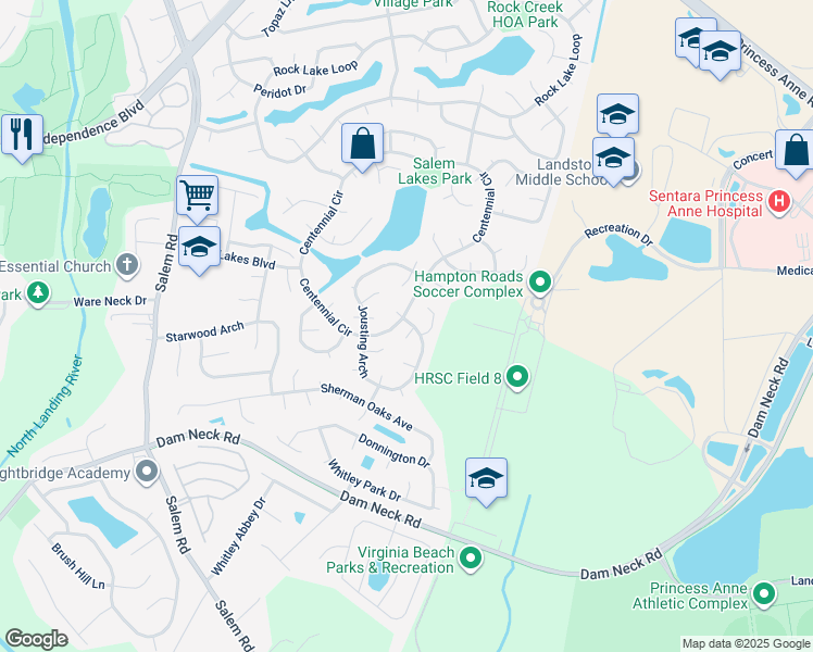 map of restaurants, bars, coffee shops, grocery stores, and more near 3996 Jousting Arch in Virginia Beach