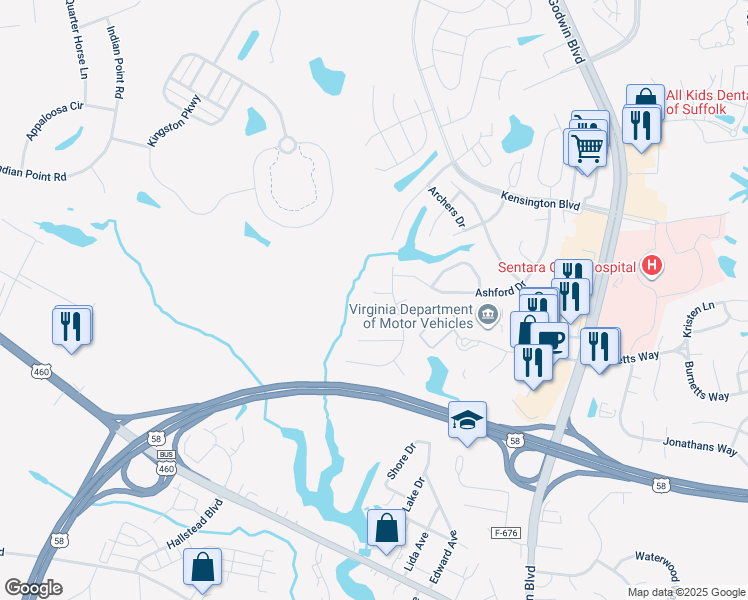 map of restaurants, bars, coffee shops, grocery stores, and more near 307 King Court in Suffolk