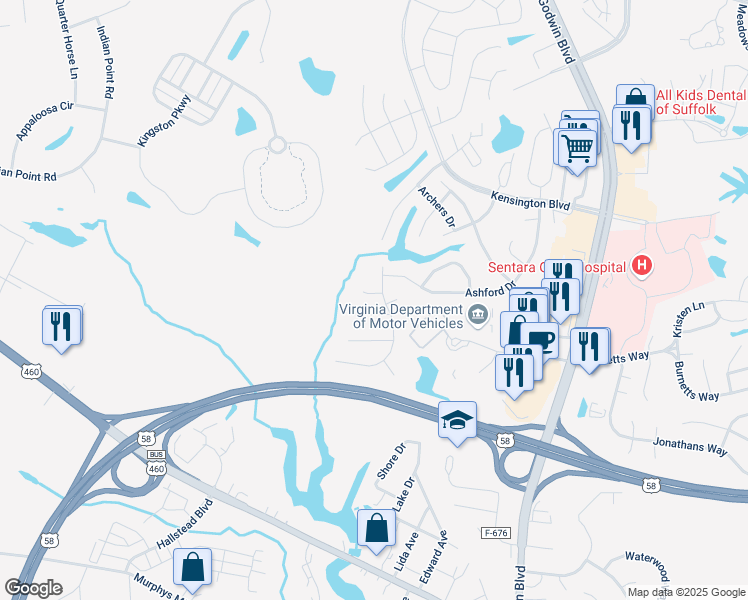 map of restaurants, bars, coffee shops, grocery stores, and more near 303 King Court in Suffolk