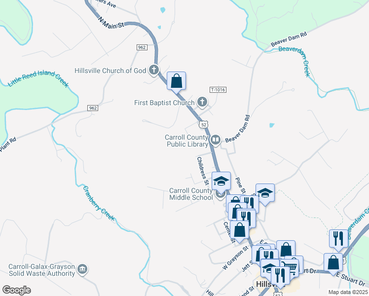 map of restaurants, bars, coffee shops, grocery stores, and more near 1320 North Main Street in Hillsville