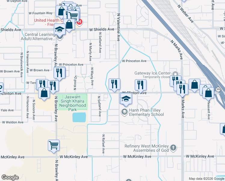 map of restaurants, bars, coffee shops, grocery stores, and more near 3444 West Clinton Avenue in Fresno