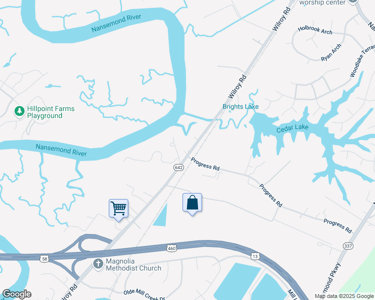 map of restaurants, bars, coffee shops, grocery stores, and more near 2141 Wilroy Road in Suffolk