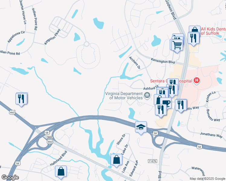 map of restaurants, bars, coffee shops, grocery stores, and more near 307 King Court in Suffolk