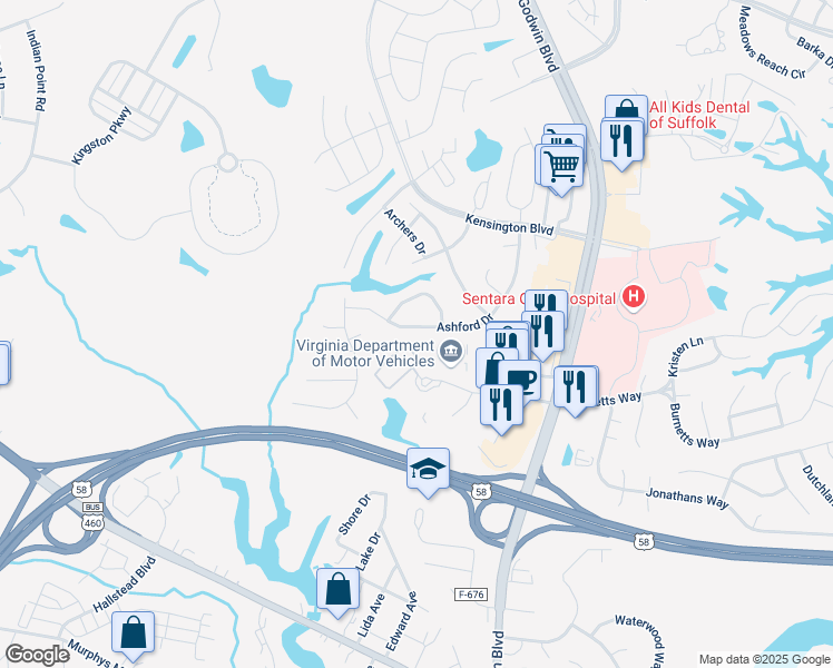 map of restaurants, bars, coffee shops, grocery stores, and more near 145 Ashford Drive in Suffolk