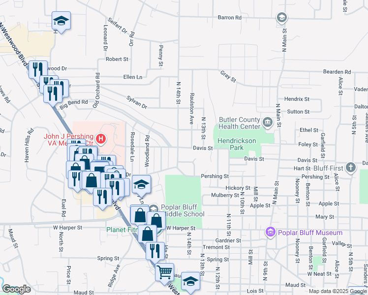 map of restaurants, bars, coffee shops, grocery stores, and more near 1504 North 14th Street in Poplar Bluff