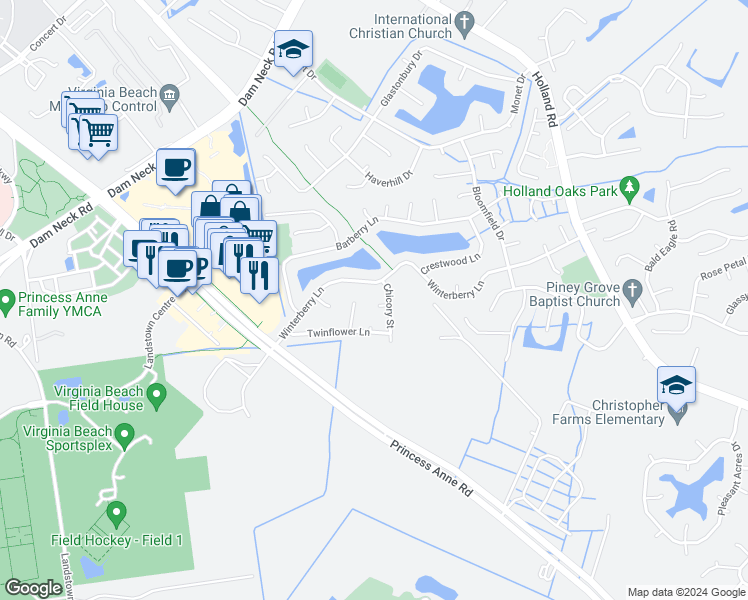 map of restaurants, bars, coffee shops, grocery stores, and more near 3208 Chicory Court in Virginia Beach