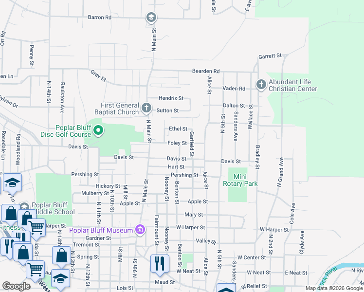 map of restaurants, bars, coffee shops, grocery stores, and more near 812 Benton Street in Poplar Bluff