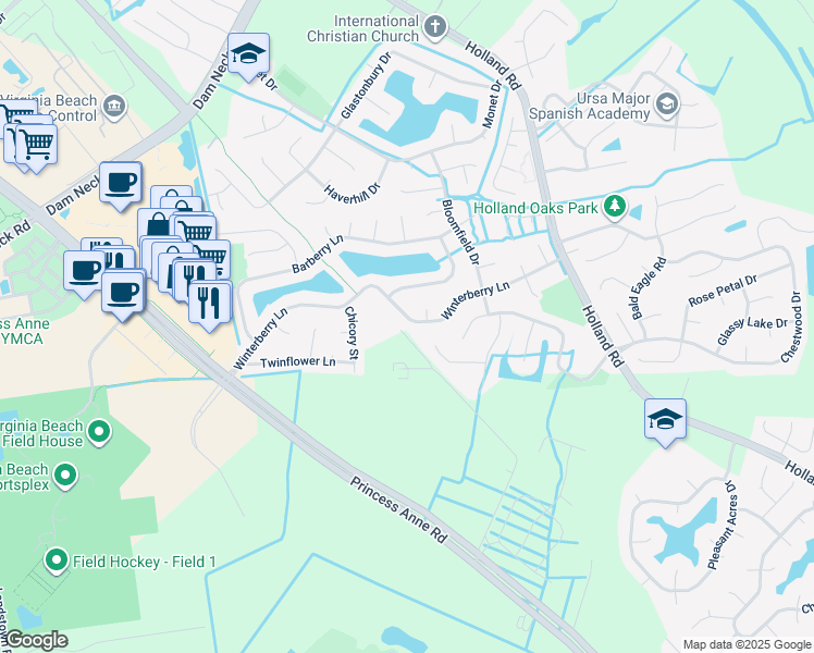 map of restaurants, bars, coffee shops, grocery stores, and more near 3137 Winterberry Lane in Virginia Beach
