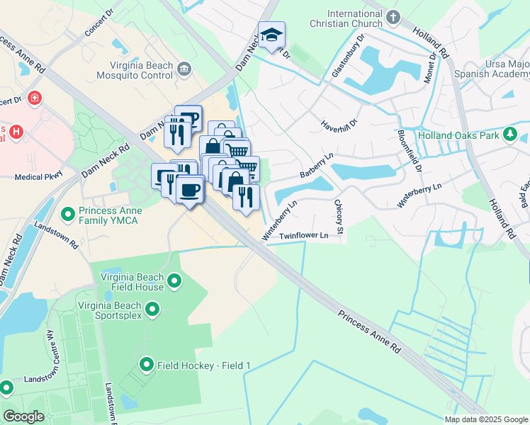 map of restaurants, bars, coffee shops, grocery stores, and more near 3332 Barberry Lane in Virginia Beach