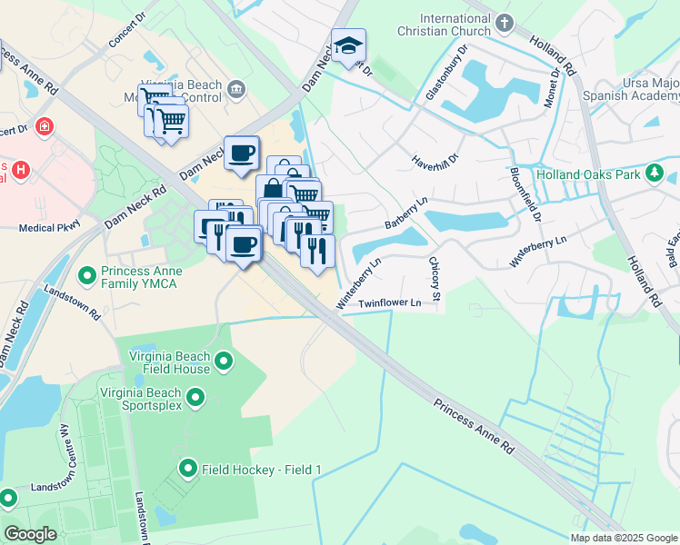 map of restaurants, bars, coffee shops, grocery stores, and more near 3332 Barberry Lane in Virginia Beach