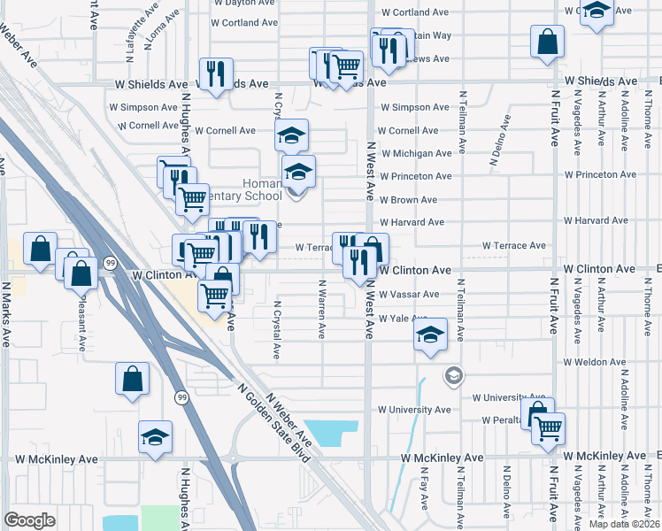 map of restaurants, bars, coffee shops, grocery stores, and more near 1505 West Terrace Avenue in Fresno
