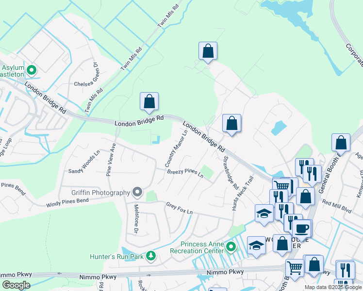 map of restaurants, bars, coffee shops, grocery stores, and more near 1912 Country Manor Lane in Virginia Beach