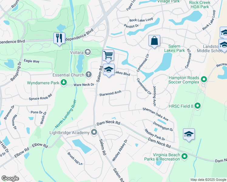 map of restaurants, bars, coffee shops, grocery stores, and more near 4132 Starwood Arch in Virginia Beach