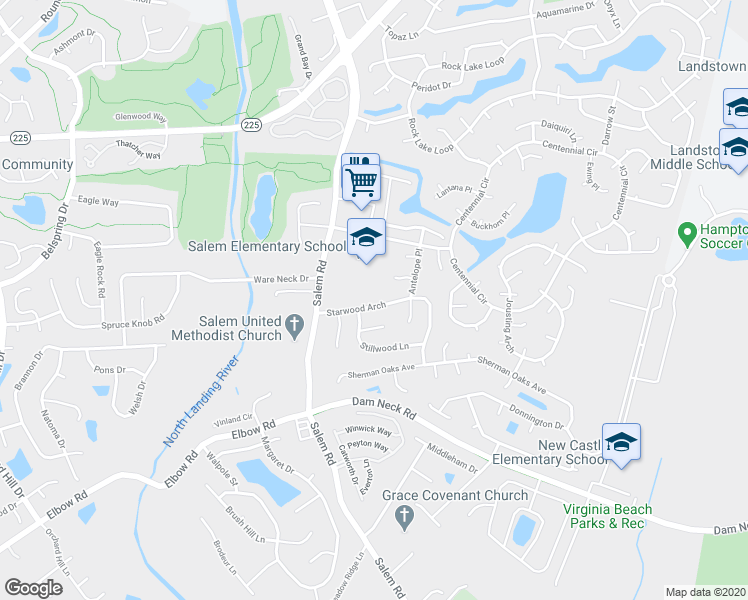 map of restaurants, bars, coffee shops, grocery stores, and more near 4132 Starwood Arch in Virginia Beach