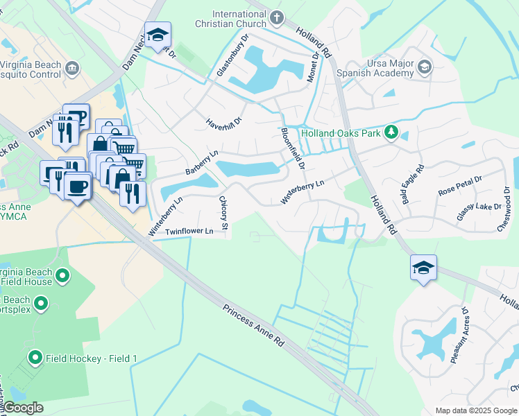 map of restaurants, bars, coffee shops, grocery stores, and more near 3137 Winterberry Lane in Virginia Beach