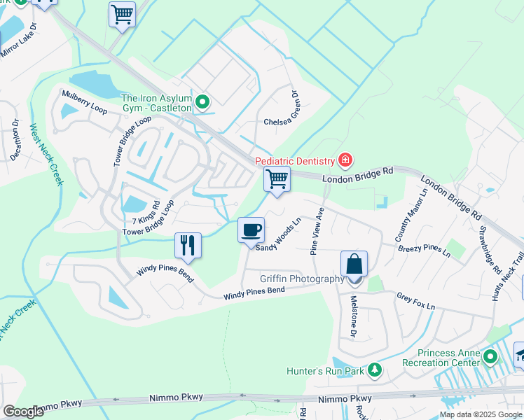 map of restaurants, bars, coffee shops, grocery stores, and more near 1909 Piney Woods Lane in Virginia Beach