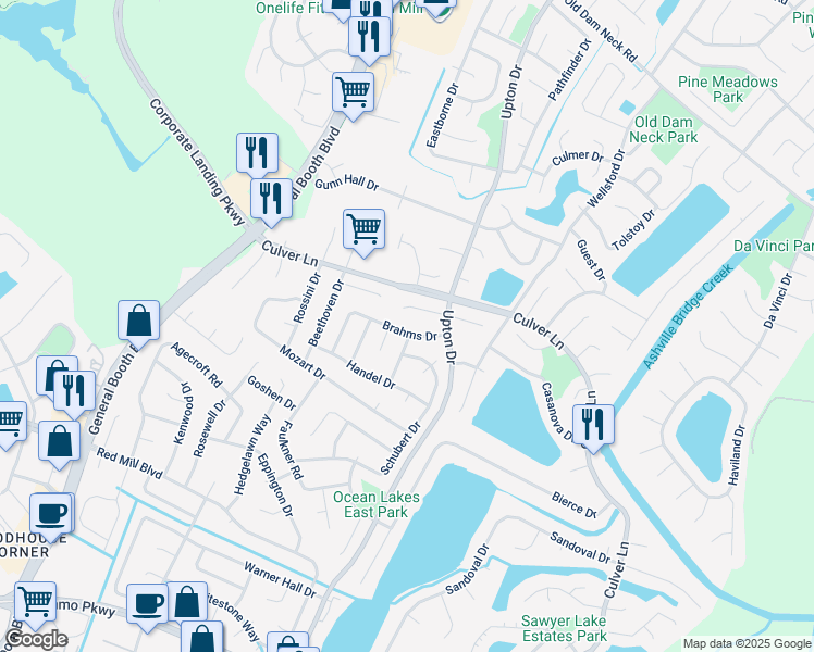 map of restaurants, bars, coffee shops, grocery stores, and more near 1220 Brahms Drive in Virginia Beach