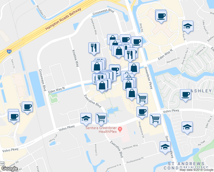 map of restaurants, bars, coffee shops, grocery stores, and more near 725 Eden Way North in Chesapeake