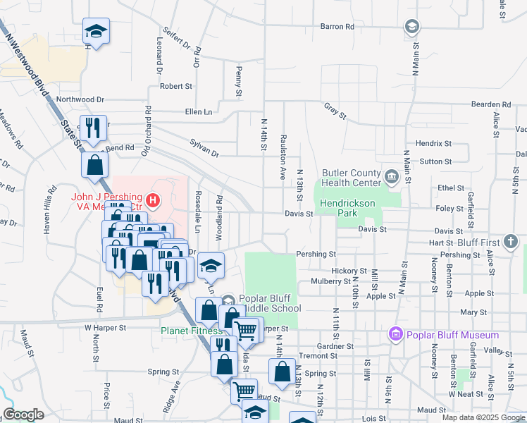 map of restaurants, bars, coffee shops, grocery stores, and more near 1504 North 14th Street in Poplar Bluff