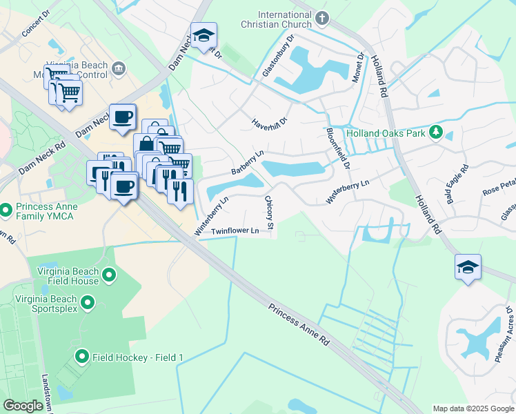 map of restaurants, bars, coffee shops, grocery stores, and more near 3208 Chicory Court in Virginia Beach
