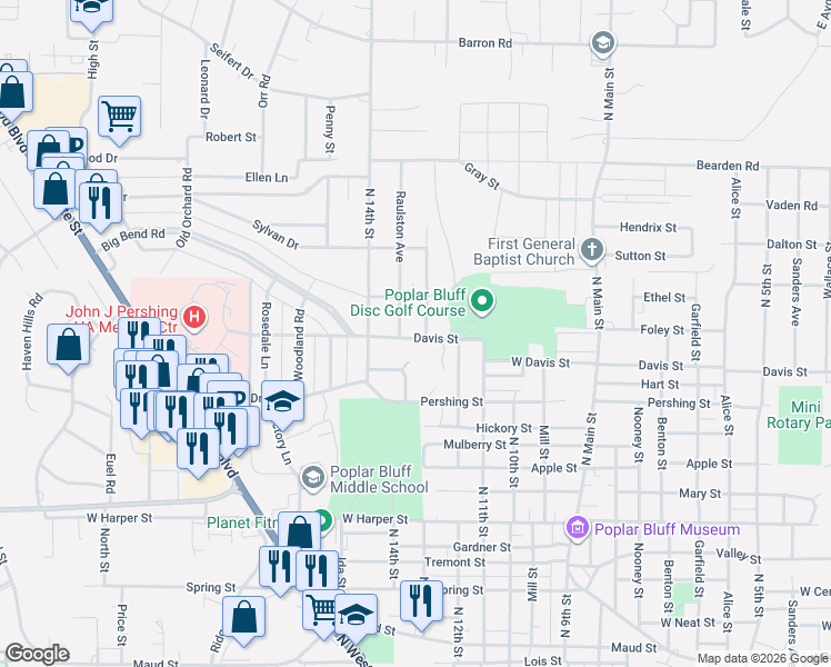 map of restaurants, bars, coffee shops, grocery stores, and more near 1305 Davis Street in Poplar Bluff