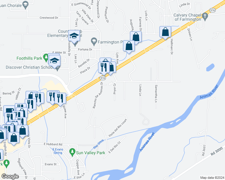 map of restaurants, bars, coffee shops, grocery stores, and more near 6001 Pryor Lane in Farmington