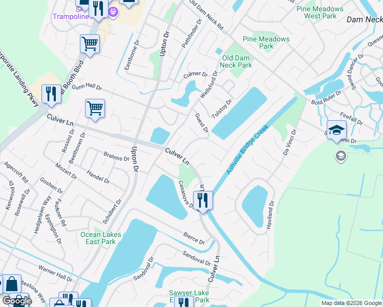 map of restaurants, bars, coffee shops, grocery stores, and more near 1889 Gershwin Drive in Virginia Beach