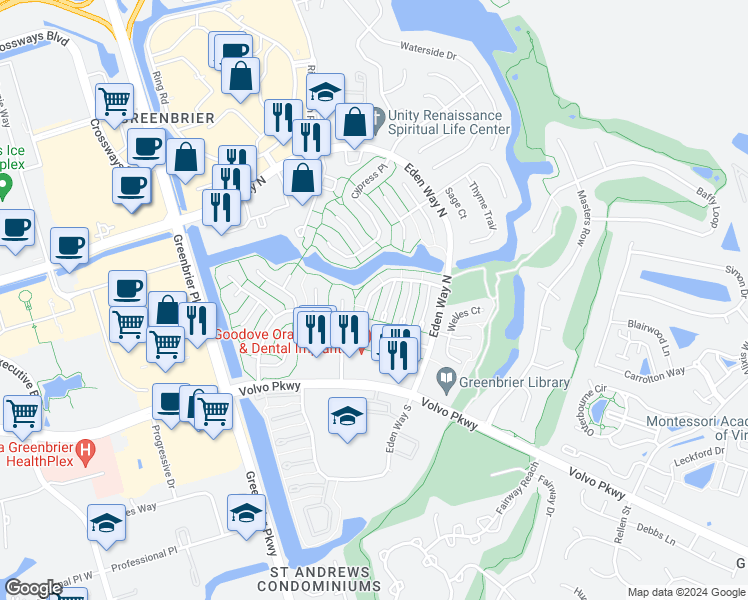 map of restaurants, bars, coffee shops, grocery stores, and more near 1223 Mill Lake Quarter in Chesapeake