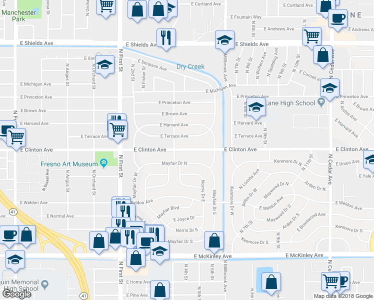 map of restaurants, bars, coffee shops, grocery stores, and more near 3444 East Clinton Avenue in Fresno
