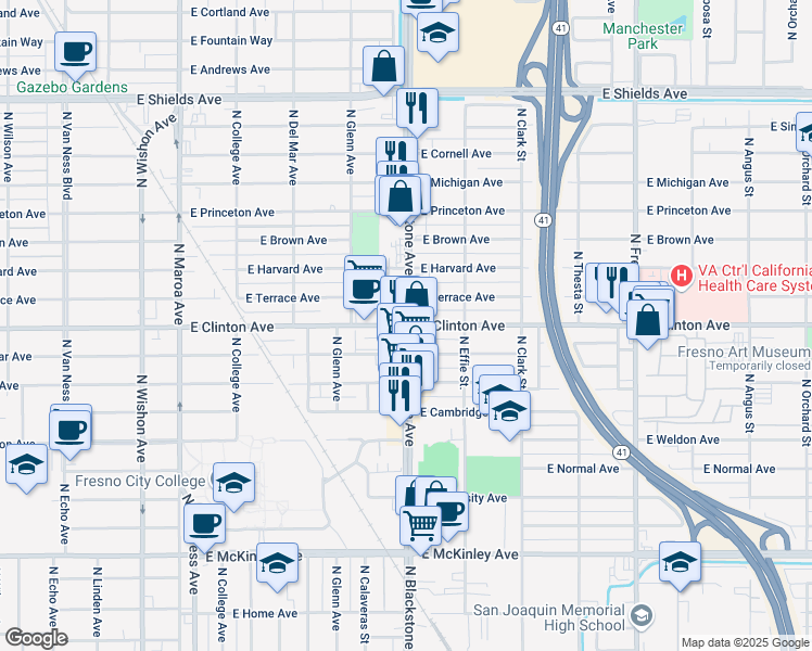 map of restaurants, bars, coffee shops, grocery stores, and more near N Blackstone Ave & E Clinton Ave in Fresno