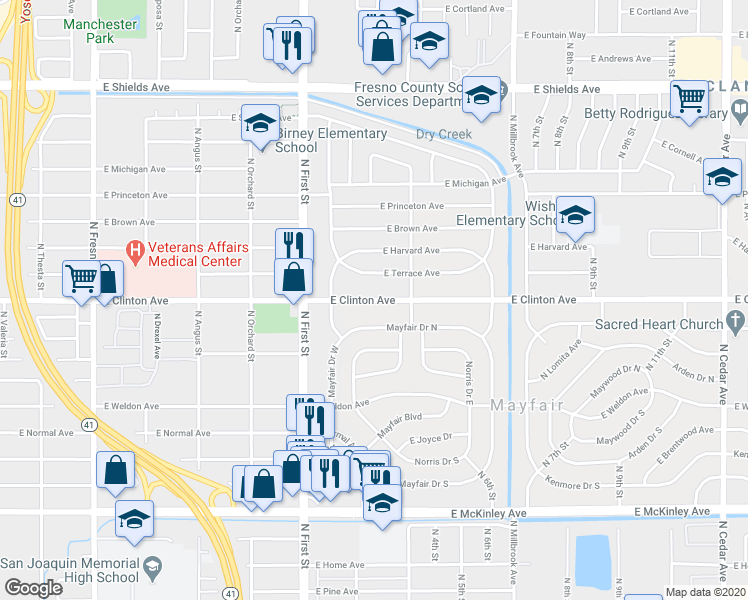 map of restaurants, bars, coffee shops, grocery stores, and more near East Clinton Avenue in Fresno