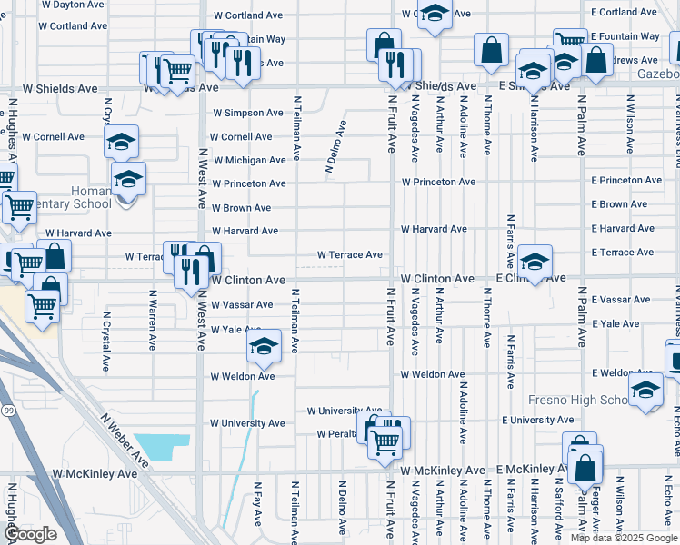 map of restaurants, bars, coffee shops, grocery stores, and more near 704 West Clinton Avenue in Fresno