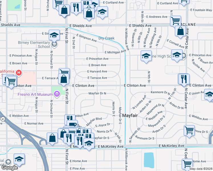 map of restaurants, bars, coffee shops, grocery stores, and more near 3481 East Clinton Avenue in Fresno
